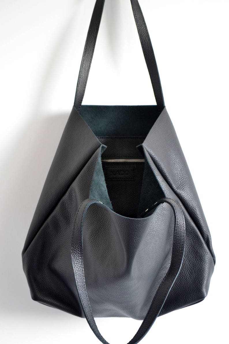 BLACK LEATHER Tote, Large Tote Bag, Black Tote Bag, Leather Laptop Bag Women's Bag Leather Tote with Zipper ROME bag image 4