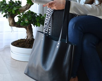 Sac fourre-tout en cuir véritable noir - ROME-