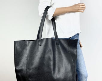 Very Large Tote Bag, Soft Leather Bag, Black Leather Bag
