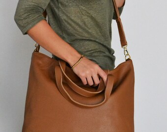 Brown Leather Laptop Tote: Italian Pebbled Leather Top Zip Bag