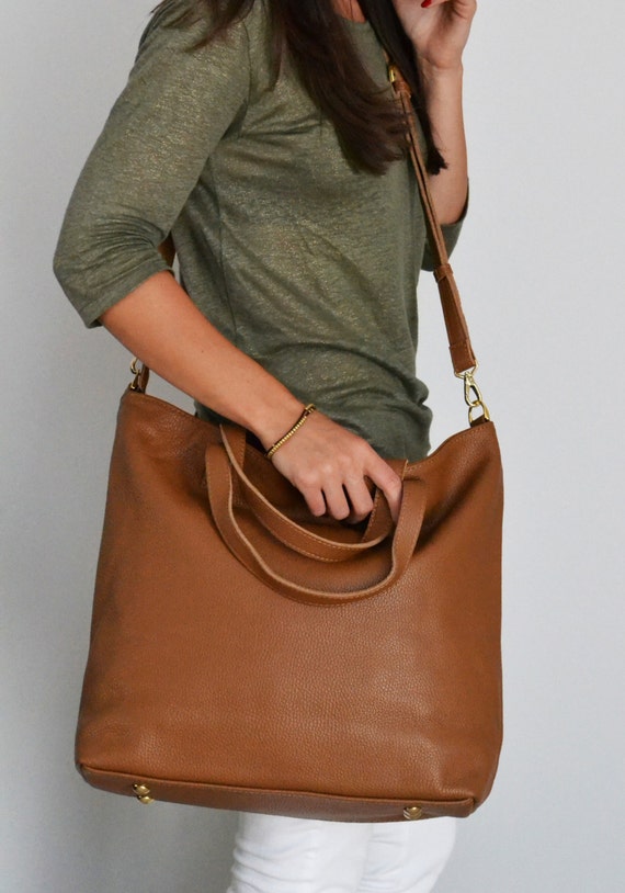 LEATHER LAPTOP TOTE Top Zip Tote Bag Brown Leather Oversize Etsy