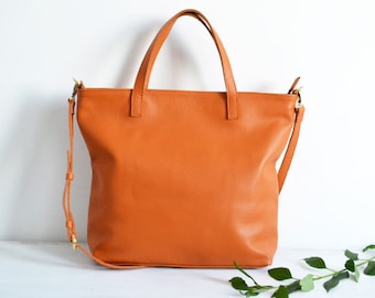 Oversize Bag Leather Tote Bag, Top Zip Bag, Orange Leather Purse, Italian Pebbled Leather Tote, Big MacBook bag - London Bag