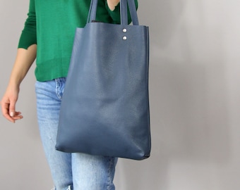 Dark Blue Leather Tote Bag: Lightweight Cowhide Shoulder Bag