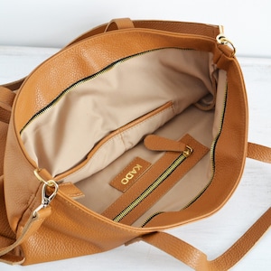 TAN LEATHER TOTE, Tan Leather Bag, Camel Brown Leather Tote Bag, Top Zip Tote, Oversize Italian Pebbled Leather Bag - Handbag - London Bag -