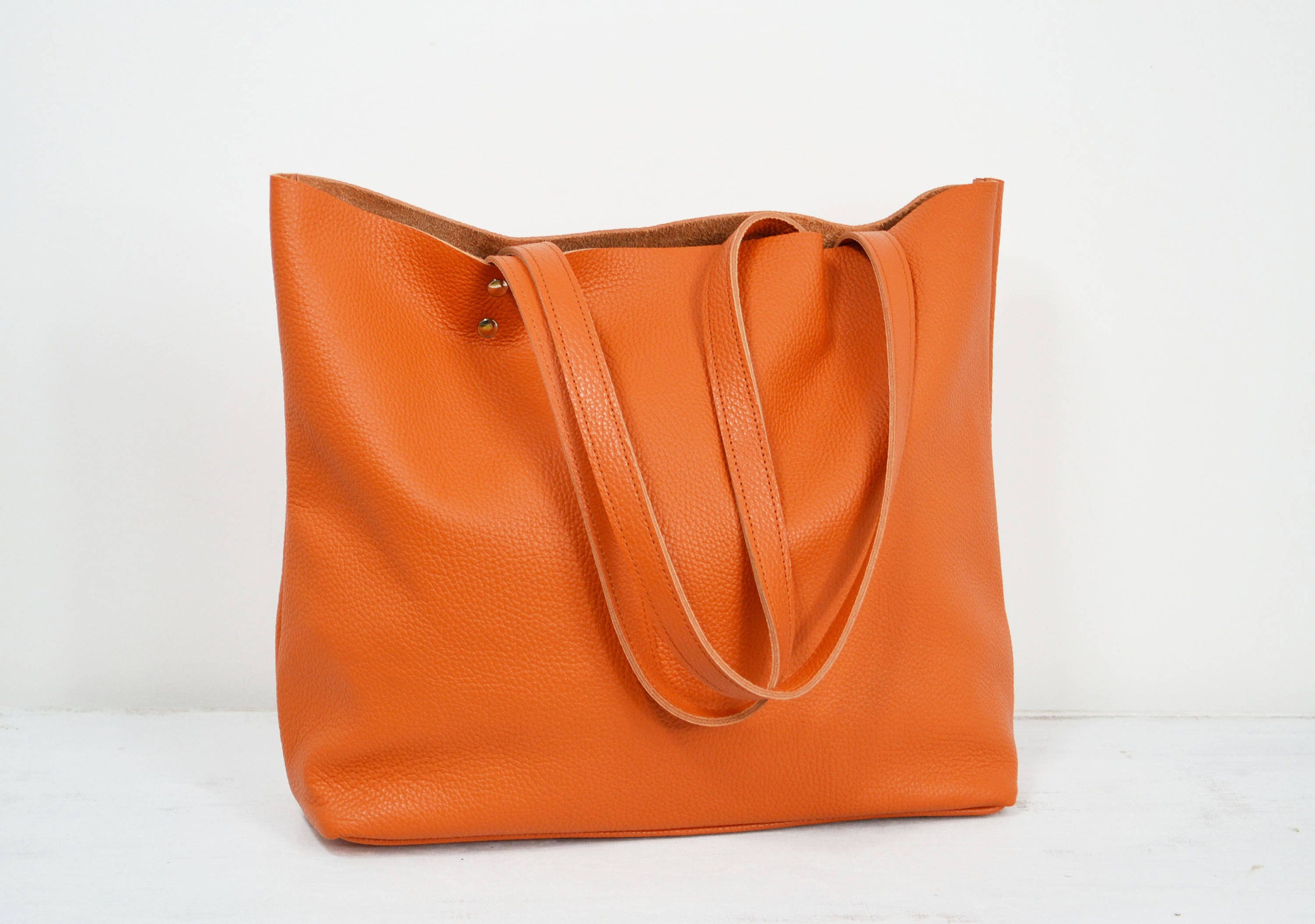 LEATHER TOTE With Zipper Leather Tote Woman Orange Leather - Etsy