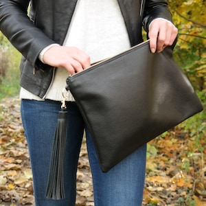 Bolsa de couro - Bolsa de noite preta - GRANDE BOLSA DE COURO - Borla de couro - Bolsa de couro - Bolsa de casamento - Capa para iPad - Nova York
