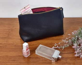 Cosmetic Bag with Lining - LARGE LEATHER POUCH - Leather Clutch - Leather Toiletry Bag - Leather Bag - Leather Makeup Bag