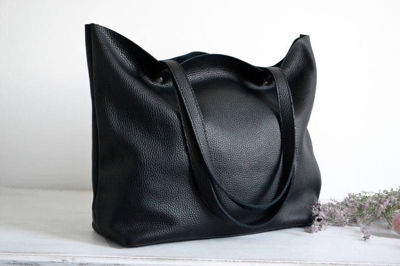 BLACK LEATHER Tote, Large Tote Bag, Black Tote Bag, Leather Laptop Bag Women's Bag Leather Tote with Zipper ROME bag image 2