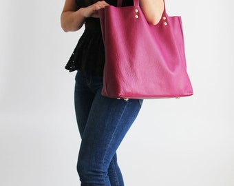 Large Leather Soft Tote Bag: Handmade Pink Shoulder Bag