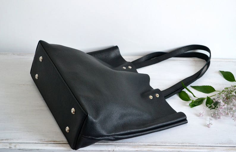 BLACK LEATHER Tote, Large Tote Bag, Black Tote Bag, Leather Laptop Bag Women's Bag Leather Tote with Zipper ROME bag image 8