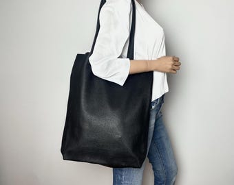 Black Full Grain Leather Tote Bag: Simple Leather Shopper Bag