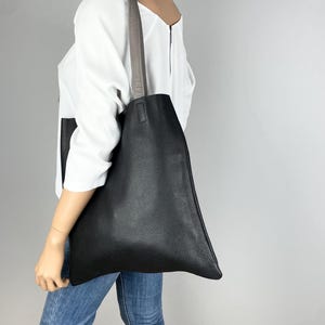 Black Leather Tote Bag, Simple Full Grain Leather Tote, Leather Shopper Bag, Soft Black Italian leather tote bag, Women&#39;s bag  - PORTO Bag