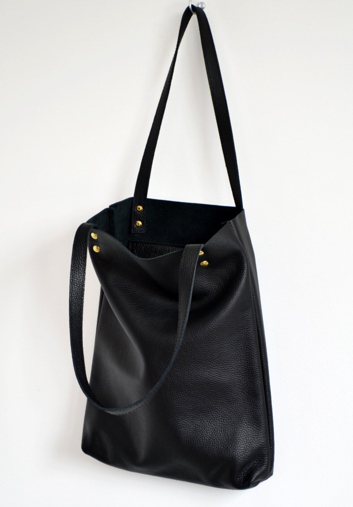 LEATHER TOTE, BLACK Leather Tote Bag, Pebbled Leather Laptop Bag, Soft