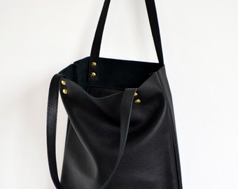 Torba skórzana, Czarna skórzana torba, Skórzana torba na laptopa, Miękka skórzana torba, Skórzana torba, Torba, Damska torba - Madryt -