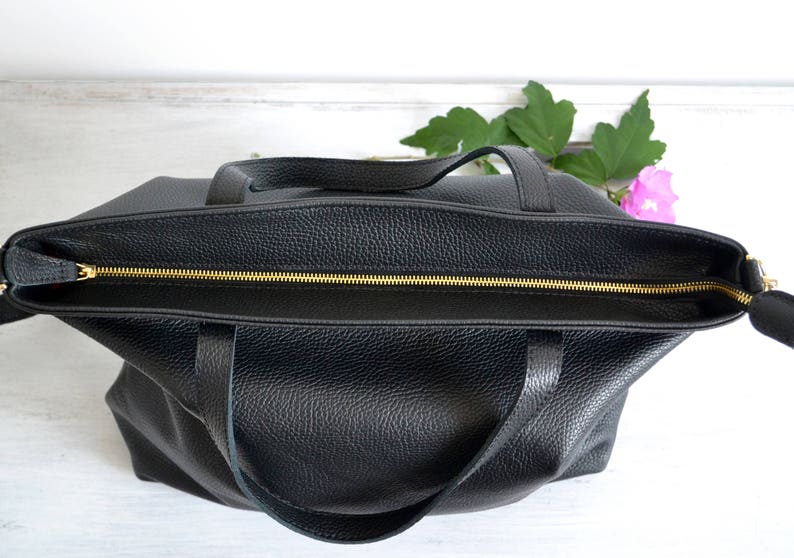 BLACK LEATHER Tote, Large Tote Bag, Black Tote Bag, Leather Laptop Bag Women's Bag Leather Tote with Zipper ROME bag image 3