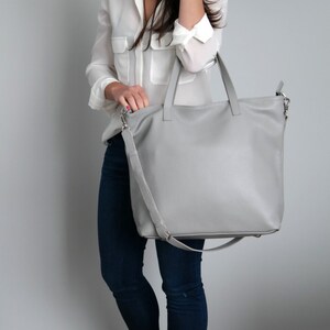 Grey LEATHER TOTE Bag, Oversize Grey Top Zip Tote, Italian Pebbled Leather Tote Bag - LONDON Bag -