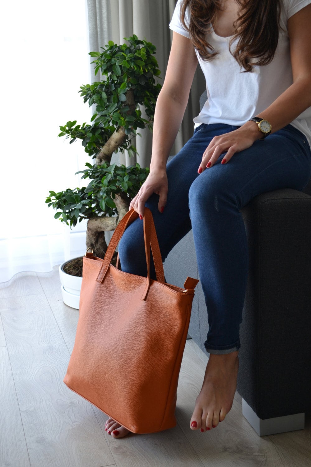 Oversize Bag Leather Tote Bag, Top Zip Bag, Orange Leather