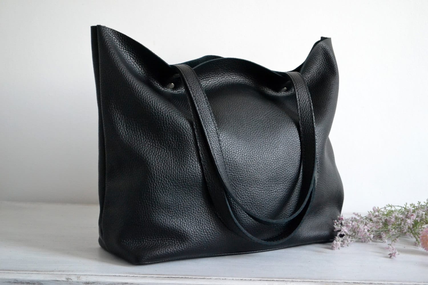 Black Leather Tote Bag: Italian Cowhide Laptop Bag With Zipper or