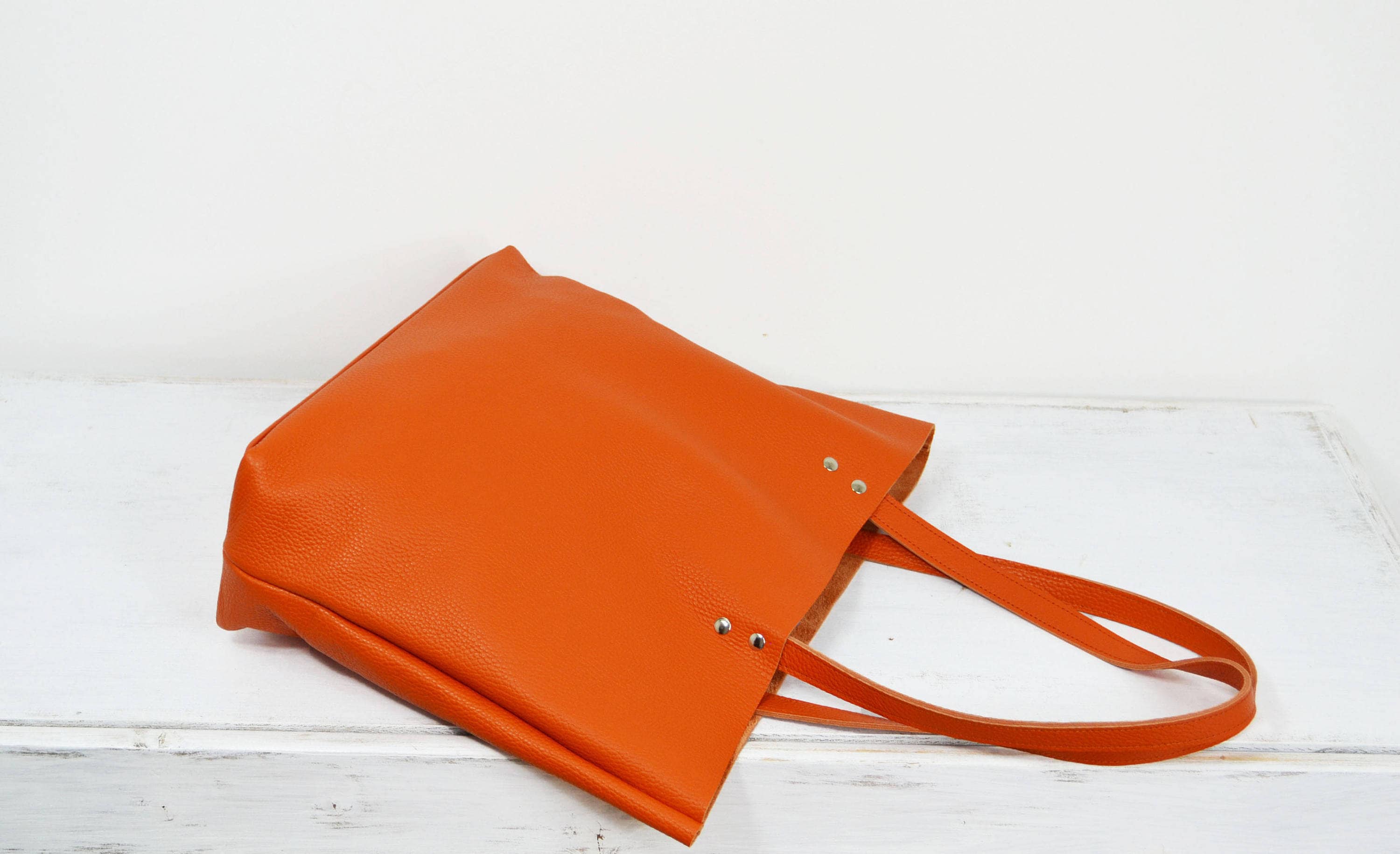 Orange Leather Tote Bag: Large Italian Leather Shopper With