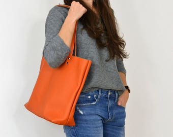Orange Leather Tote Bag: Large Italian Leather Shopper