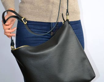 BLACK LEATHER HOBO Bag, Women Leather Handbag, Hobo Crossbody Bag, Soft Leather Bag, Leather Purse, Sac Bag - Barcelona Bag -