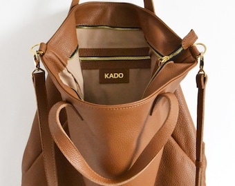 Large Leather Tote Bag: Chocolate Brown Top Zip, Adjustable Strap