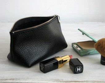SMALL LEATHER POUCH - Small Black Leather Clutch - Leather Toiletry Bag - Small Leather Bag - Leather Makeup Bag - Leather Cosmetic Bag