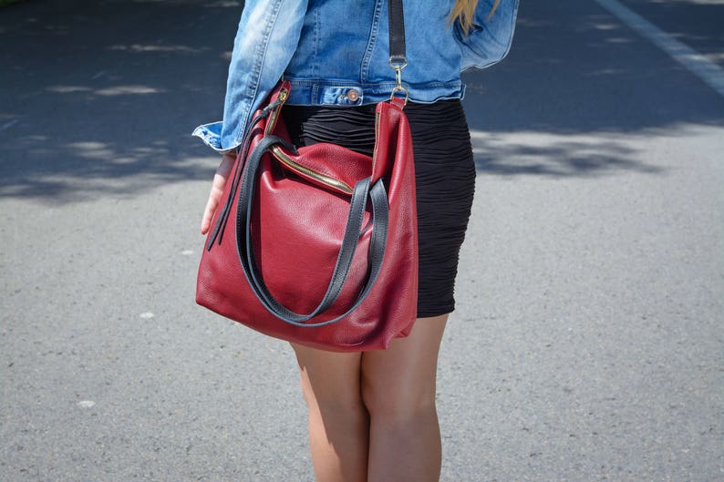 Dark red hobo bag Large LEATHER TOTE Bag, Large zipper tote Leather Laptop bag Black cross body tote Supple oxblood bag, NAPOLI Bag image 1