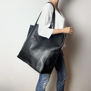 Oversized Black Leather Tote Bag - Soft Leather Bag for Work, Travel and Everyday -  Large Shopper Bag, Weekender Bag - BIJING BAG -