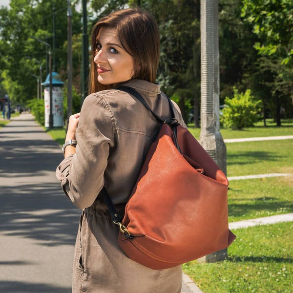 SALE - LEATHER BACKPACK Convertible Backpack Purse Women Backpack Crossbody, Brown Shoulder bag Hobo handbag Large Hobo - Modena Bag