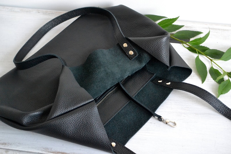 BLACK LEATHER Tote, Large Tote Bag, Black Tote Bag, Leather Laptop Bag Women's Bag Leather Tote with Zipper ROME bag image 6