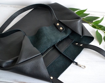 Italian Leather Tote Bag: Large Cowhide Shoulder Bag with Zipper or Magnetic Closure