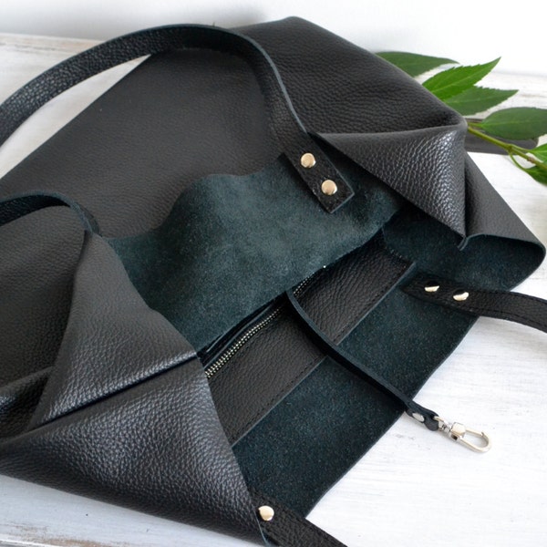 Black leather purse, Leather Tote Bag, Large CarryAll, Shopping Bag, Women Shoulder Bag, Macbook Leather   - ROME -