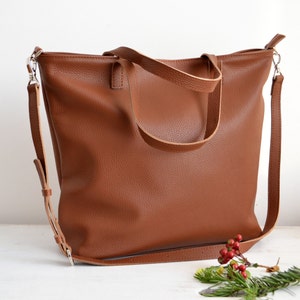 Grand sac fourre-tout en cuir, sac en cuir grainé oversize avec fermeture éclair sur le dessus, sac fourre-tout en cuir, fourre-tout en cuir marron, fourre-tout pour femme - sac LONDON -