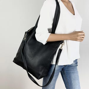 SALE - Large LEATHER Tote Bag, Large Top Zipper Tote, Leather Laptop Bag, Black cross body tote, Supple black bag, hobo bag - NAPOLI Bag