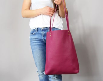 Leather tote bag, Leather tote, Tote bag leather, Tote bag, Leather tote woman, Leather tote - MADRID - Magenta Purple Leather Tote