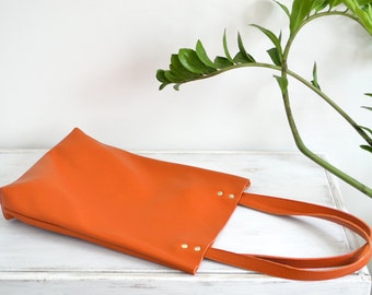 Orange Pebbled Leather Tote Bag: Everyday Market Bag