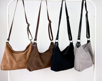 Suede Hobo Bag: Handmade Leather Crossbody Purse, Adjustable Strap