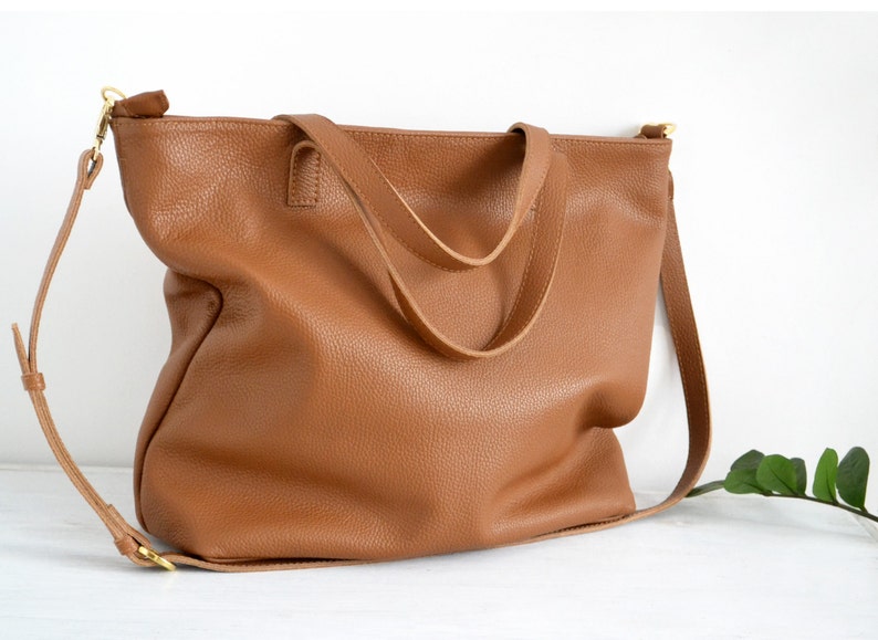 LEATHER LAPTOP TOTE Top Zip Tote Bag Brown Leather Oversize Etsy