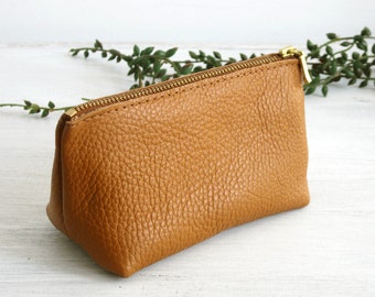 SMALL LEATHER POUCH - Small Tan Leather Clutch - Leather Toiletry Bag - Small Camel Brown Bag - Leather Makeup Bag - Leather Cosmetic Bag