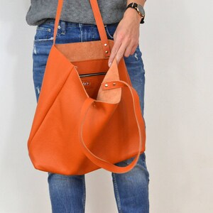 LEATHER TOTE with zipper, Leather tote woman, Orange Leather tote, Tote bag leather, Tote bag,  Leather tote - ROME Bag - Orange Tote Bag