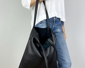Handmade Black Leather Tote Bag: Minimalist Full Grain Shopper