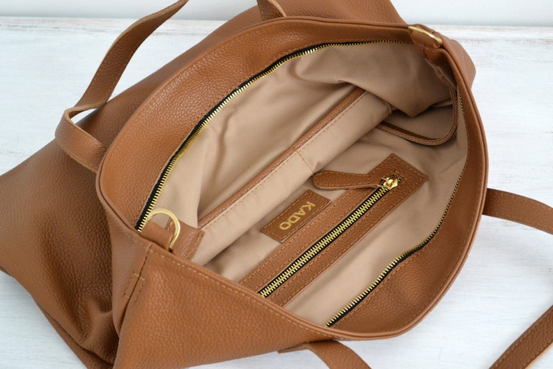 LEATHER LAPTOP TOTE Top Zip Tote Bag Brown Leather Oversize Etsy