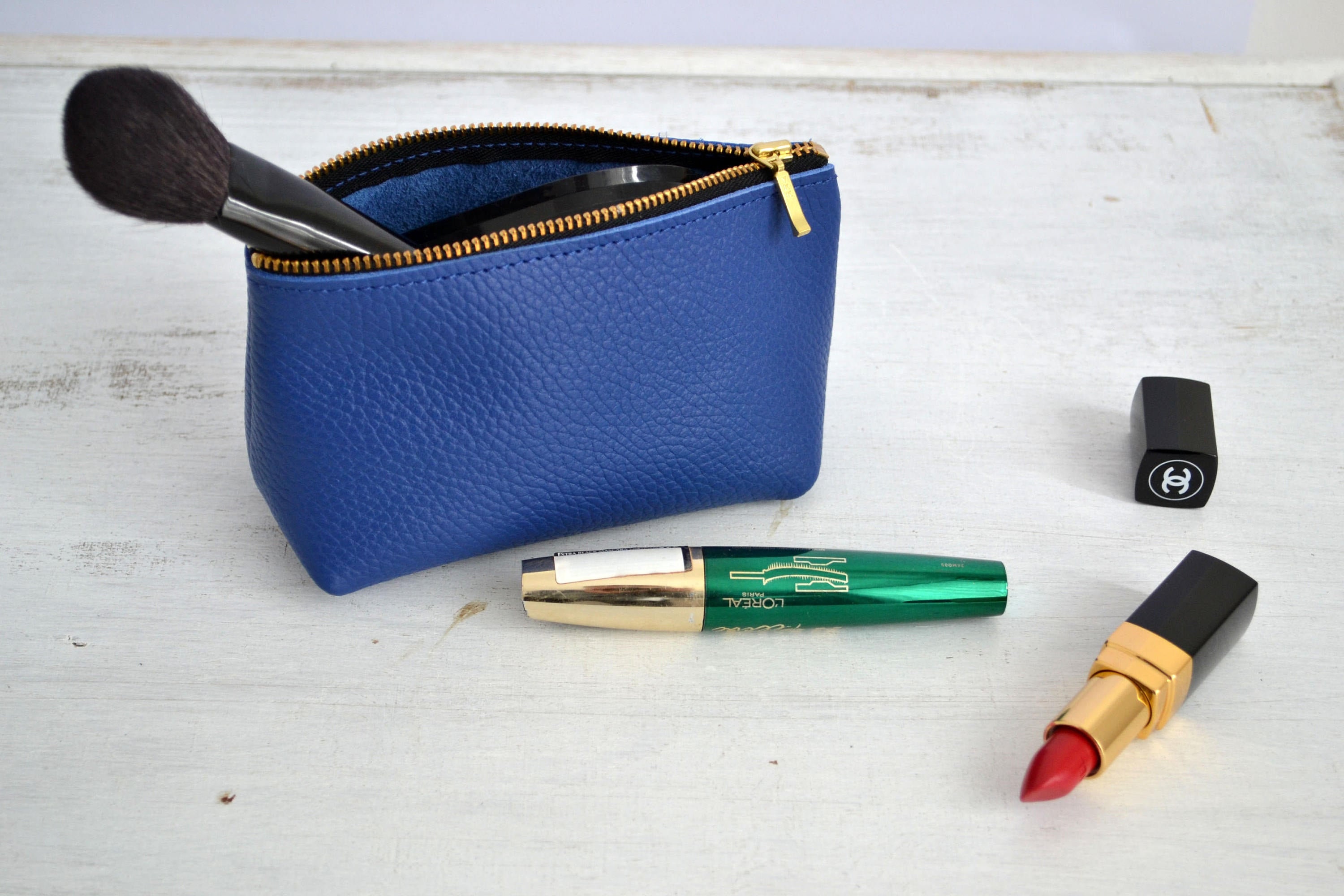 Leather Makeup Bag, Leather Cosmetic Bag, Purse, LEATHER POUCH, Royal Blue Leather Clutch, Blue