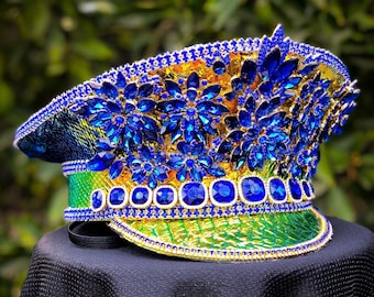 Burning Man Hat- iridescent, Dragon, blue, green, unicorn, captain hat, general hat, festival hat, edc, rave, halloween costume, bedazzled