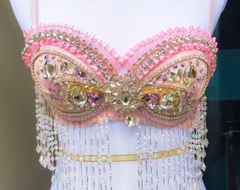 Pink rave bra Marie Antionette bra kawaii style Lolita edc outfit Mermaid bra disney princess cosplay Belly dance costume EDC bride //34C
