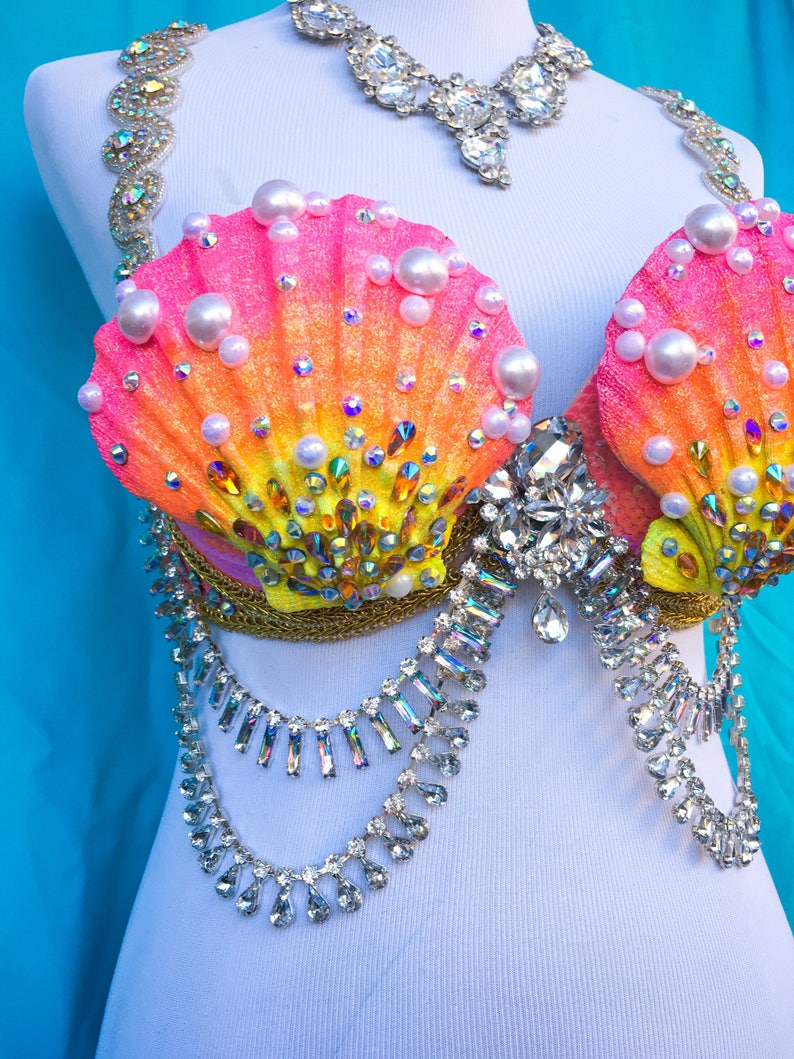 siren costume edm festival sequins halloween edc rhinestone 36C34D disney Pink Mermaid Bra- rave bra pastel orange seashell