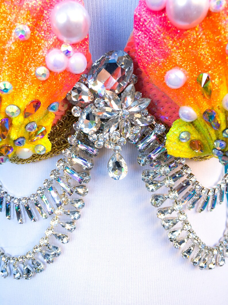 siren costume edm festival sequins halloween edc rhinestone 36C34D disney Pink Mermaid Bra- rave bra pastel orange seashell