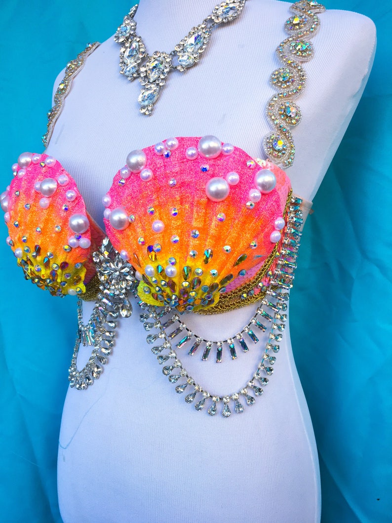 siren costume edm festival sequins halloween edc rhinestone 36C34D disney Pink Mermaid Bra- rave bra pastel orange seashell