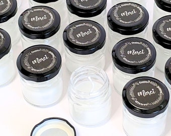 12-24 candles in a glass jar with cork lid, round label "Thank you" and twine - Wedding guest gift - Wedding accessory